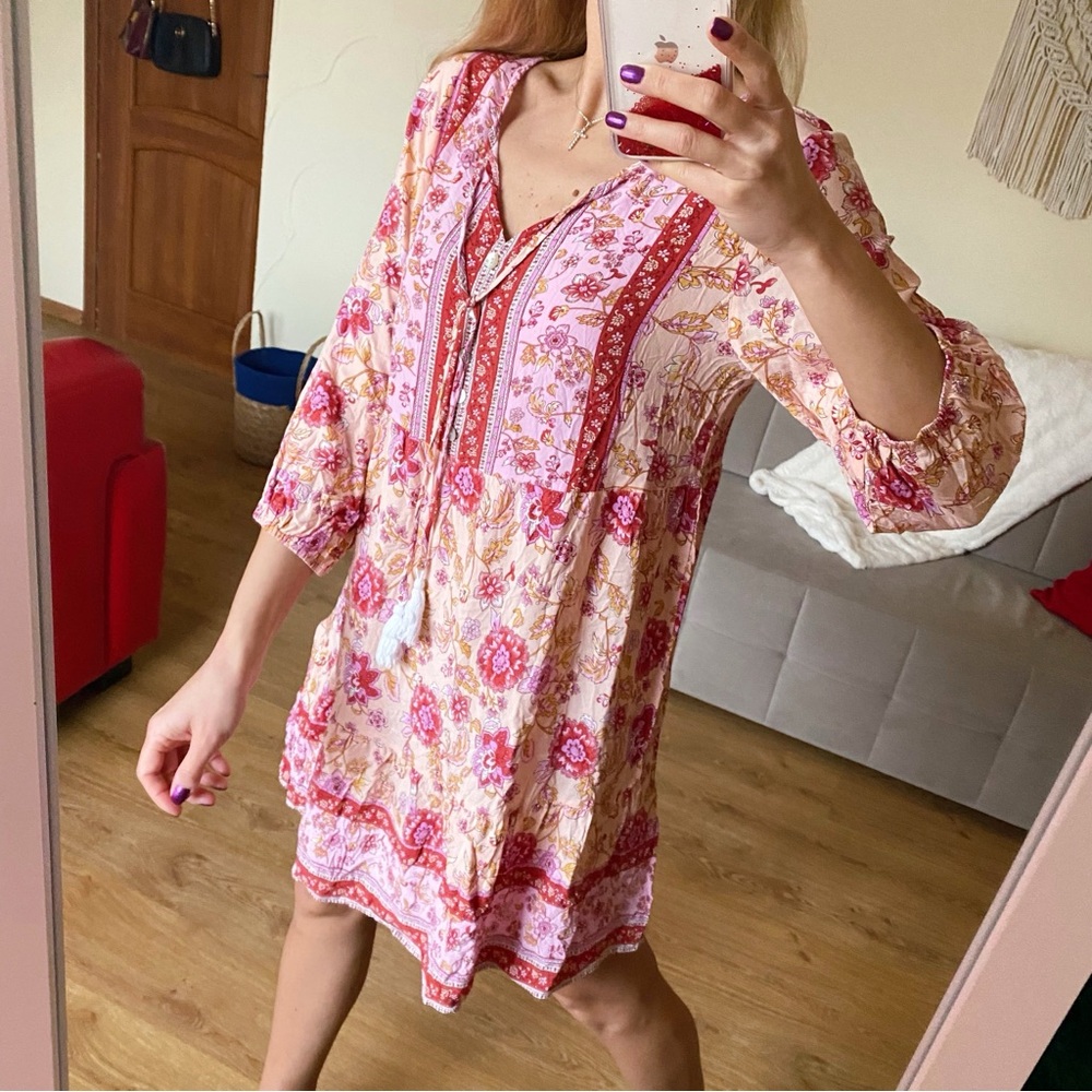 BOHO Floral Pink and Cream Dress With Tassel Detail 🌸 - Picture 3 of 14
